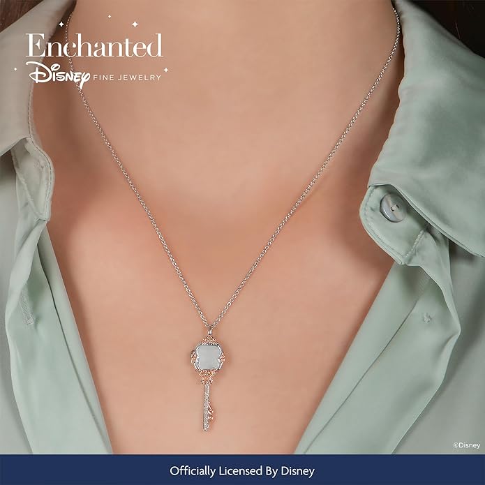 Jewelili Enchanted Disney Fine Jewelry Belle Key Pendant Necklace for Women | 14K Rose Gold over Sterling Silver | 1/10 CTTW Natural White Round Diamond | 18" Cable Chain | Princess Gifts for Her