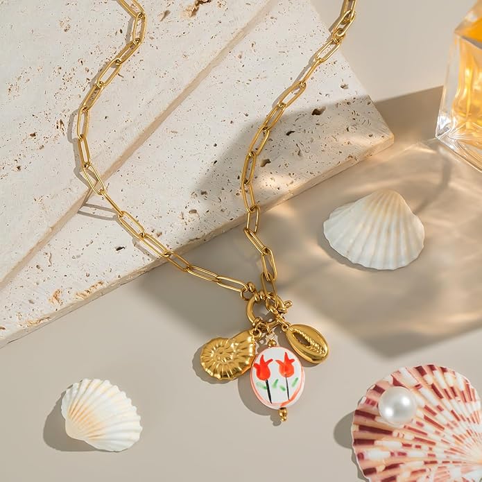 Chunky Retro Heart Necklace for Women Antique Layer Beach Ocean Moon Stars Western Boho Charm Necklaces Retro Link Chain Jewelry