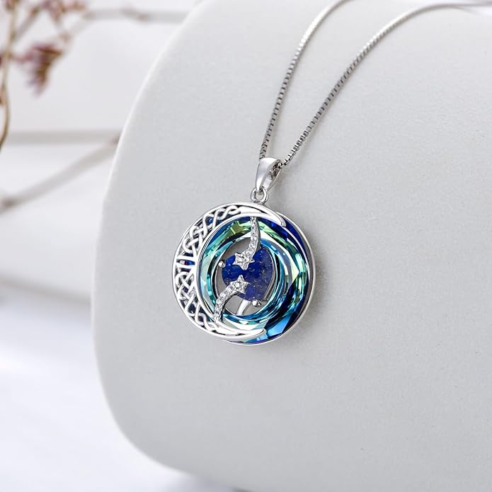 TOUPOP Birthstone Necklace 925 Sterling Silver Moon and Star Pendant with Blue Crystal Celtic Moon Jewelry Birthday Christmas Gifts for Women Mom Wife Her Daughter