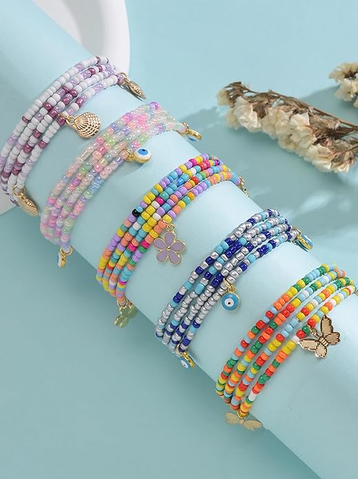 Tornito 8Pcs 31.5 Inches African Waist Bead Chain Elastic Belly Beads Butterfly Shell Layered Body Chain Colorful Jewelry Accessories for Women