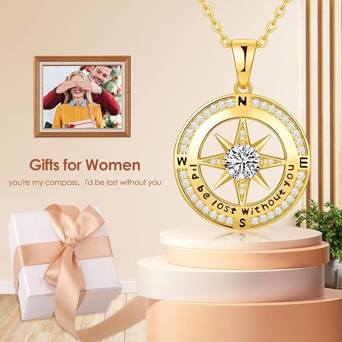 Compass Necklace Gifts for Women wife - S925 Sterling Silver Birthstone Necklaces for Women - Anniversary Birthday Gifts for Her Wife Girlfriend - Valentines Mom Mothers Day Christmas Gifts Jewelry for Women