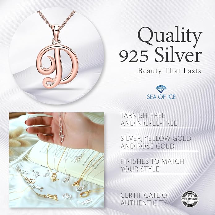SEA OF ICE Letter Initial Necklace, Alphabet Letter Pendant Necklace, Sterling Silver, Gold, Rose Gold Necklace for Women, Elegant Initial Necklaces, Personalized Custom Women's Necklaces