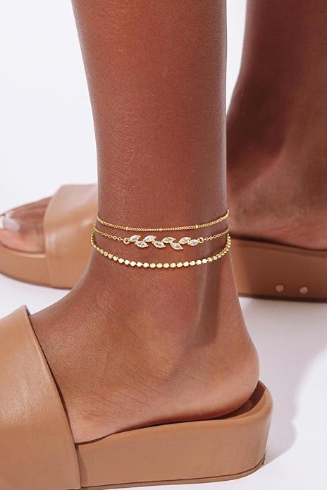Ankle Bracelets for Women 14K Real Gold Silver Plated Ankle Bracelets Waterproof Heart Beads Rope Satellite Anklets Set Adjustable Layered Anklet Bracelets No Tarnish Summer Beach Jewelry Gift