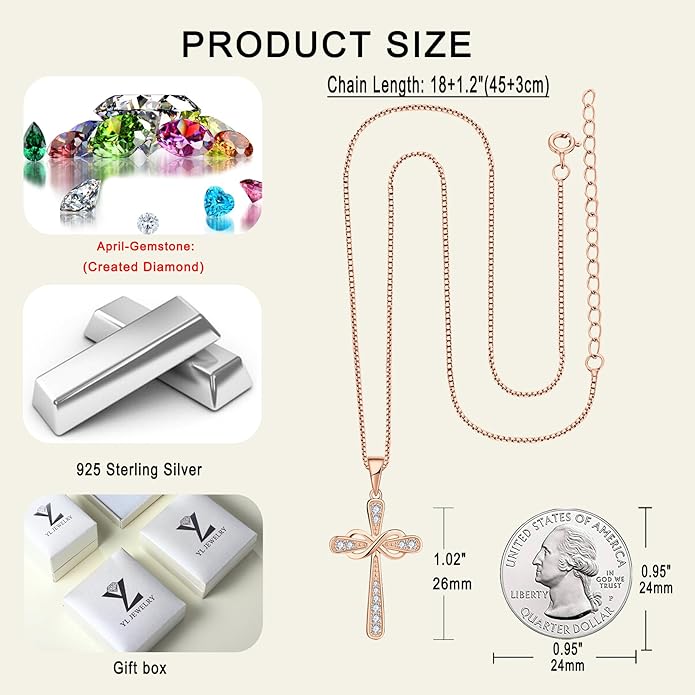 YL 925 Sterling Silver Cross Necklace for Women Halo Infinity Pendant Birthstone Jewelry for Mom