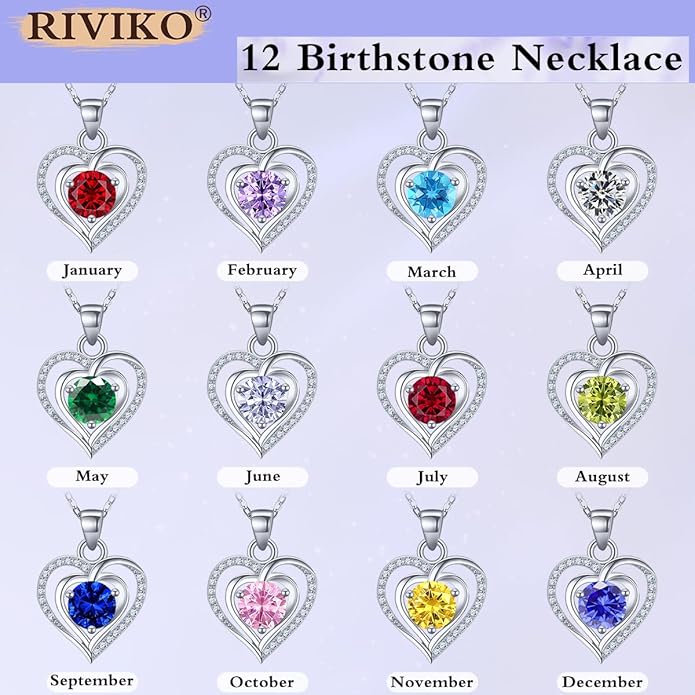 RIVIKO Heart Birthstone Pendant Necklace for Women 925 Sterling Silver Zirconia Necklaces Wedding Anniversary Birthday Mothers Day Jewelry Gifts For Her Mother Wife