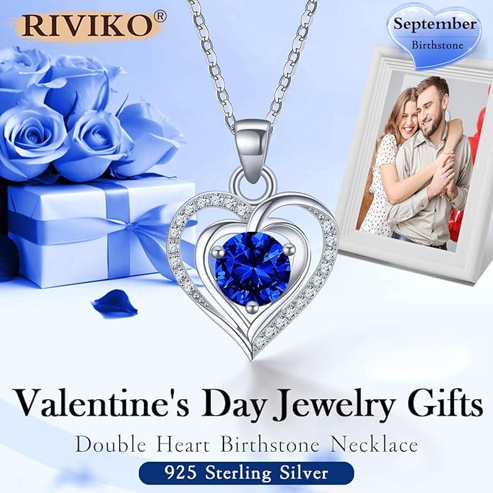 RIVIKO Heart Birthstone Pendant Necklace for Women 925 Sterling Silver Zirconia Necklaces Wedding Anniversary Birthday Mothers Day Jewelry Gifts For Her Mother Wife