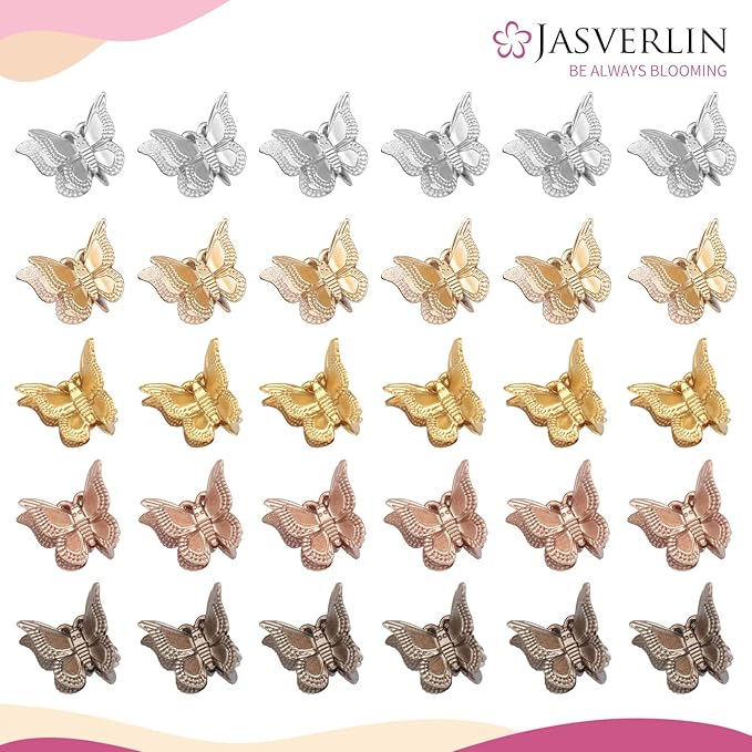 Mini Butterfly Hair Clips for Girls Kids Women - Y2K Small Tiny Cute Hair Accessories Non-Slip Claws Clip - 90S Silver Gold Brown Color 50 pcs (Metallic Harmony)