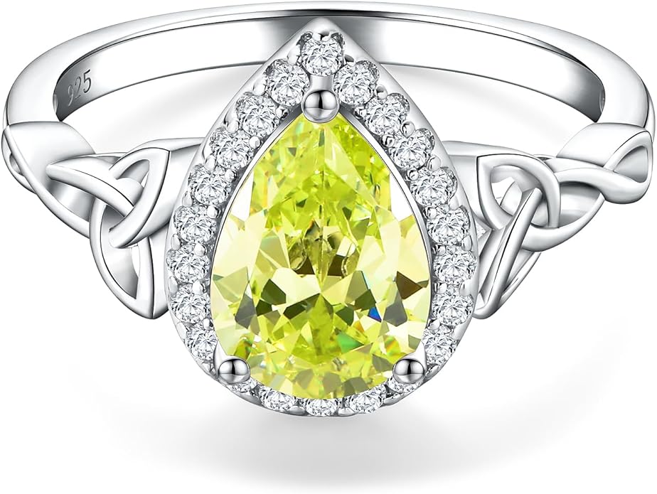 DAYBYDAY Celtic Birthstone Rings for Women 925 Sterling Silver Heart/Round/Pear/Oval Created Gemstone Moissanite Halo Engagement Promise Rings for Her Wife Birthday Anniversary Wedding Jewelry