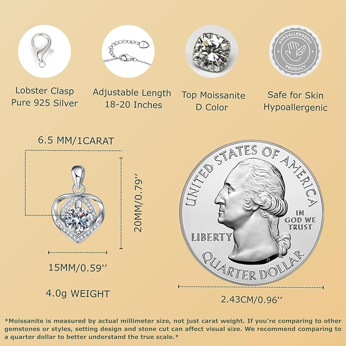 Moissanite Heart Necklace for Women – Shiny Pendant of Love with 925 Sterling Silver Chain, 1-2 Carat Moissanite, Adjustable 18-20 Inch, Romantic Anniversary Jewelry