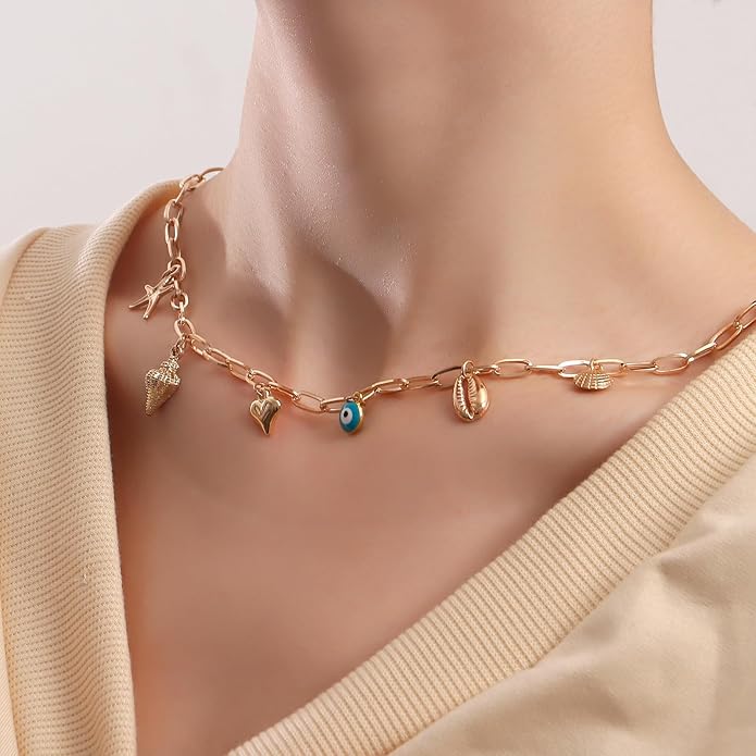 Choistily Charm Necklace Dainty Gold Western Outfit Beach Jewelry for Women Trendy Cowgirl Accessories for Women Gold Bow Sea Shell Pendant Necklace Preppy Stuff Summer Jewelry 2025
