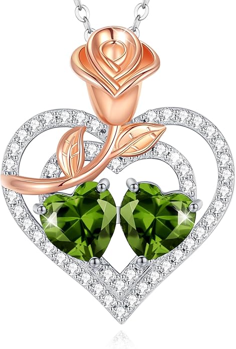 AGVANA Birthstone Necklace for Women Sterling Silver Rose Flower Heart Double Birthstone Jewelry Pendant Necklace Anniversary Birthday Gifts for Women Mom Wife Girlfriend Her