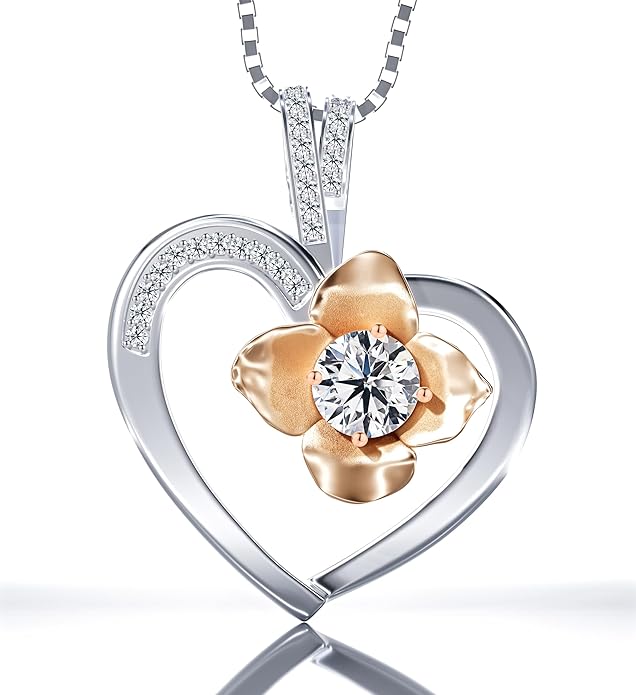 Kari Luxe Platinum Plated Flower in Heart Necklace with 1CT Moissanite Pendant Necklace Gift for Women