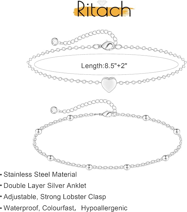 Ritach Ankle Bracelets for Women - Stainless Steel Silver/Gold Anklets for Women Waterproof Layered Cuban Link Figaro Chain Heart Anklets Set Summer Beach Jewelry Gifts
