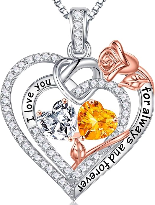 Iefil Rose Heart Necklace Gifts for Wife Women - 925 Sterling Silver Double Birthstone Necklace, Anniversary Birthday Gifts for Women, Jewelry Gift for Wife Girlfriend Mom Her