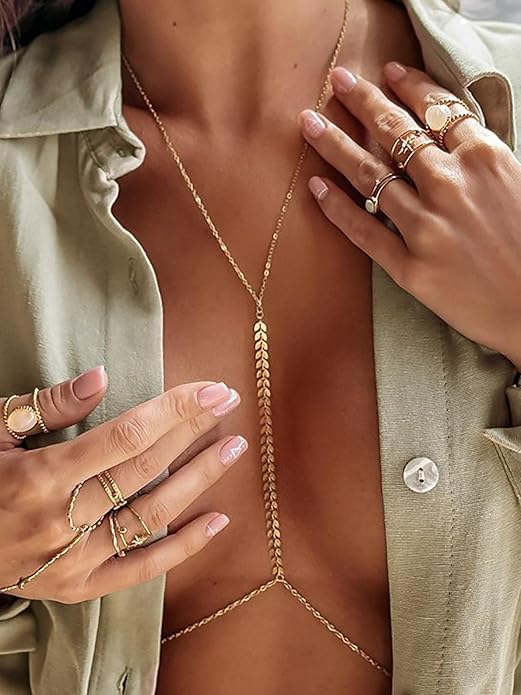 MODRSA Gold Body Chain Jewelry for Women Back Necklace for Backless Dress Backdrop Pearl Rhinestone Belly Chain Waist Chains Bra Chains Lingerie Summer Bikini Bodychain Trendy Sexy Stomach Jewelry