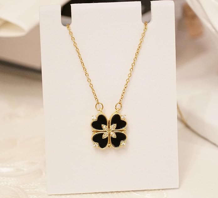 18K Gold Stainless Steel Gold Plated Necklace with Clove Hearts Charm - Can Be Worn Two Ways (Elegant A)