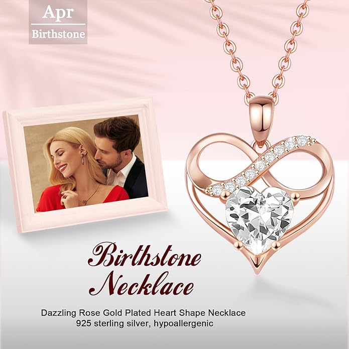 Rose Gold Birthstone Necklaces Heart Birthstone Pendant Necklaces For Women Valentine's Day Mother's Day Anniversary Christmas Gifts