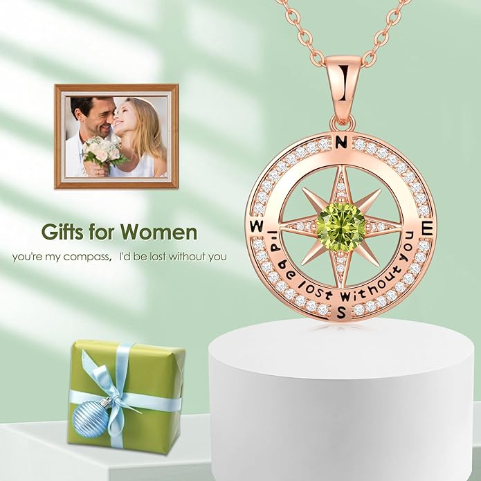 Compass Necklace Gifts for Women wife - S925 Sterling Silver Birthstone Necklaces for Women - Anniversary Birthday Gifts for Her Wife Girlfriend - Valentines Mom Mothers Day Christmas Gifts Jewelry for Women