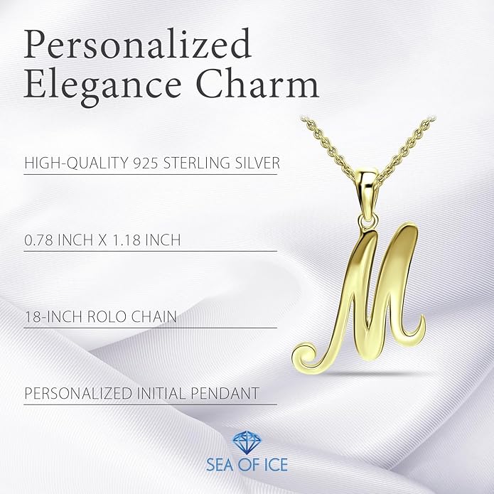 SEA OF ICE Letter Initial Necklace, Alphabet Letter Pendant Necklace, Sterling Silver, Gold, Rose Gold Necklace for Women, Elegant Initial Necklaces, Personalized Custom Women's Necklaces