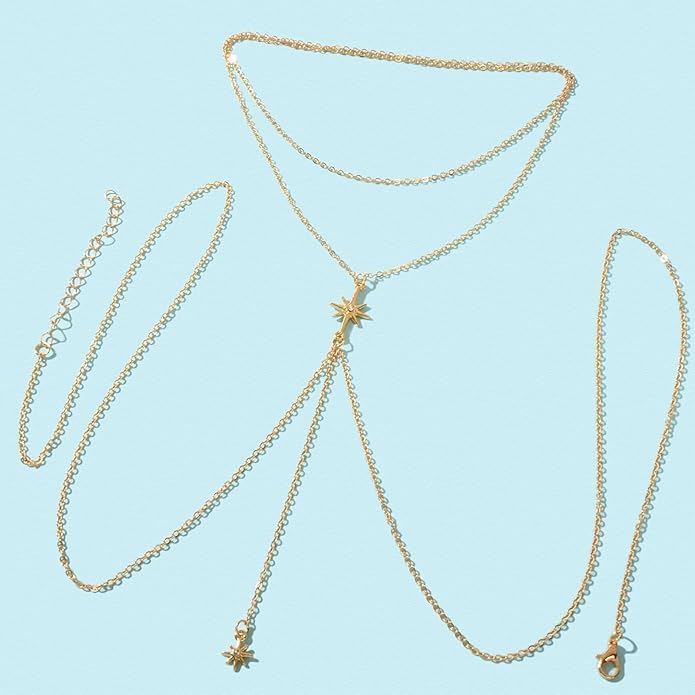 14K Gold Body Chains for Women, Sexy Layered Belly Waist Chain Bikini Bra Chain, Summer Beach Rhinestone Body Jewelry