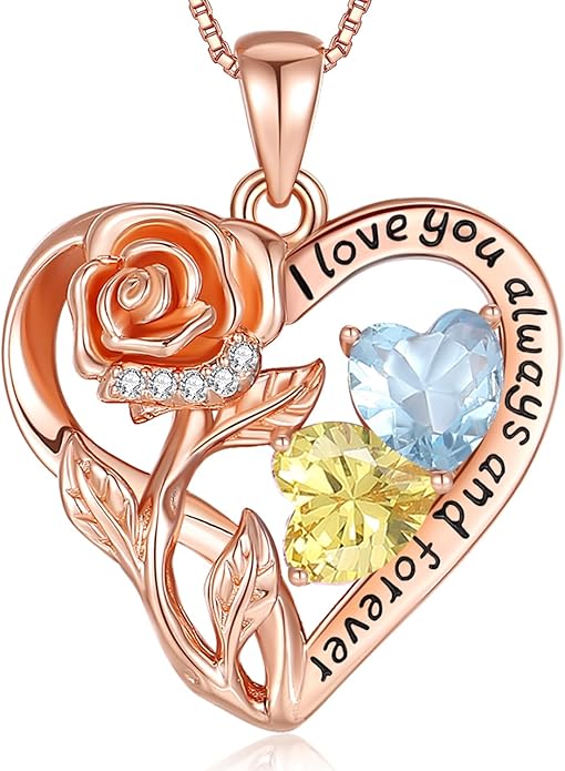 925 Sterling Silver Double Birthstone Rose Flower Heart Jewelry Necklaces for Women Anniversary Love Forever Necklaces for Her Birthday Gifts for Wife Girlfriend Mom Mothers Day Rose Gold