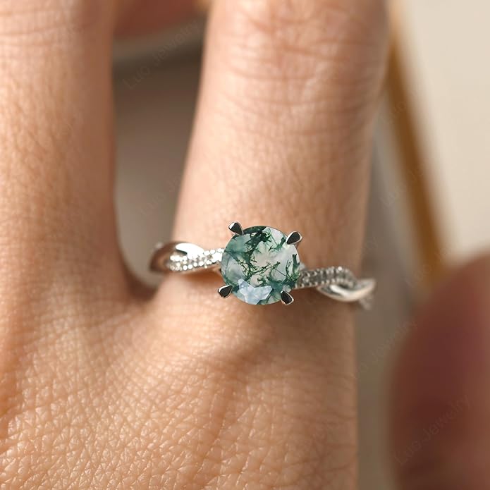 LUO 925 Sterling Silver 7x7mm Round Cut Gemstone Birthstone Rings for Women, Twist Infinity Engagement Ring Birthstone Jewelry Anniversary Wedding Promise for Lady Size 3-13