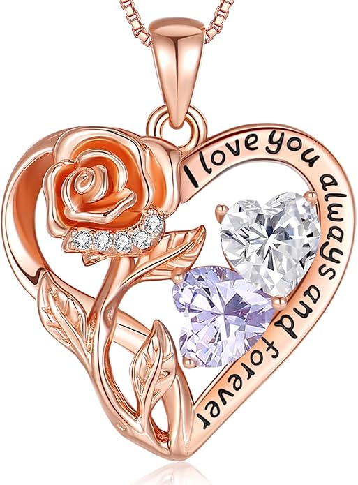 925 Sterling Silver Double Birthstone Rose Flower Heart Jewelry Necklaces for Women Anniversary Love Forever Necklaces for Her Birthday Gifts for Wife Girlfriend Mom Mothers Day Rose Gold