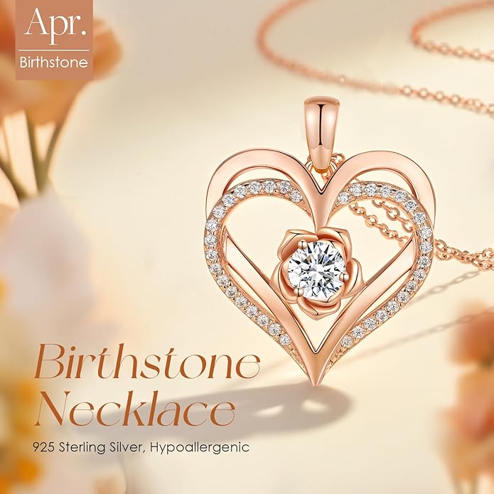 CDE S925 Silver Rose Gold Heart Birthstone Necklaces for Women，Ideal Anniversary or Birthday Jewelry Gifts for Wife Girlfriend Her