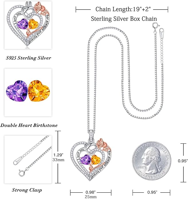 Iefil Rose Heart Necklace Gifts for Wife Women - 925 Sterling Silver Double Birthstone Necklace, Anniversary Birthday Gifts for Women, Jewelry Gift for Wife Girlfriend Mom Her