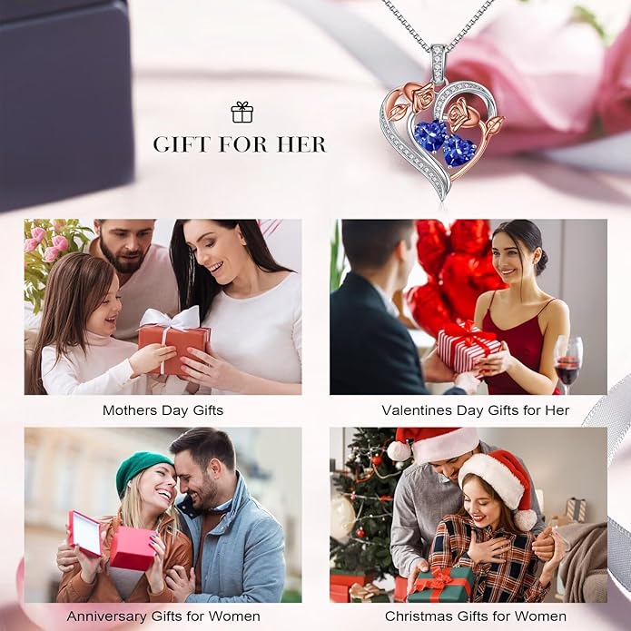 Iefil Birthstone Necklace for Women - 925 Sterling Silver Rose Heart Necklace, Birthstone Jewelry, Anniversary Birthday Gifts for Wife Girlfriend Mom Daughter