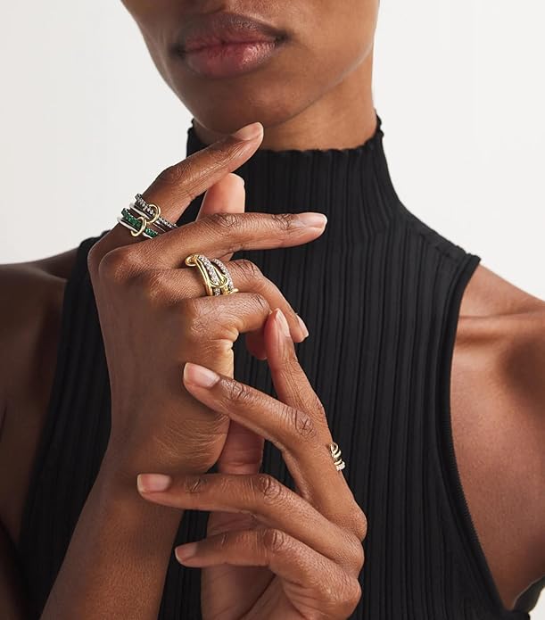 TLY Stackable Gold Rings for Women Non Tarnish 18K Gold Plated Interlocking Ring Stack Set Gold Silver Mixed Metal Statement Rings Dainty Cubic Zirconia CZ Fashion Connected Band Thumb Ring Size 4-11 Jewelry Gift for Women