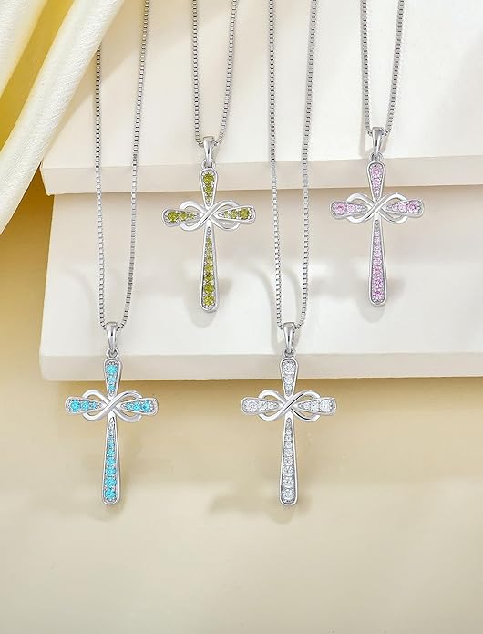 YL 925 Sterling Silver Cross Necklace for Women Halo Infinity Pendant Birthstone Jewelry for Mom