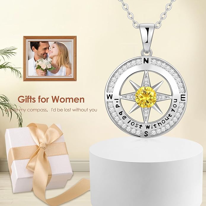 Compass Necklace Gifts for Women wife - S925 Sterling Silver Birthstone Necklaces for Women - Anniversary Birthday Gifts for Her Wife Girlfriend - Valentines Mom Mothers Day Christmas Gifts Jewelry for Women