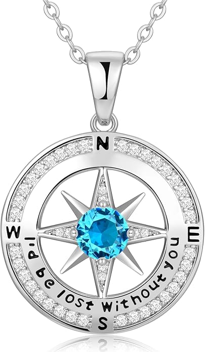 Compass Necklace Gifts for Women wife - S925 Sterling Silver Birthstone Necklaces for Women - Anniversary Birthday Gifts for Her Wife Girlfriend - Valentines Mom Mothers Day Christmas Gifts Jewelry for Women