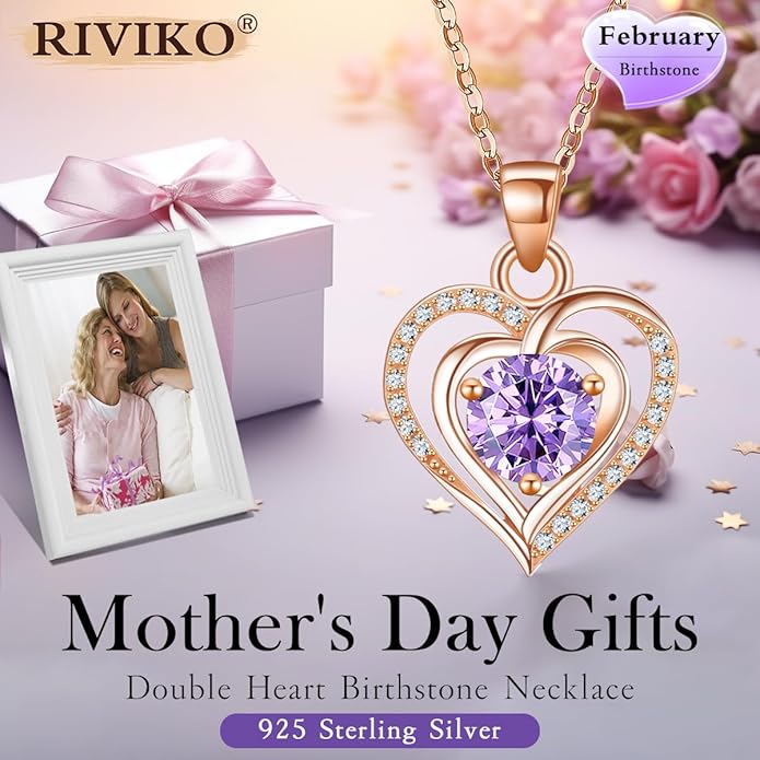 RIVIKO Heart Birthstone Pendant Necklace for Women 925 Sterling Silver Zirconia Necklaces Wedding Anniversary Birthday Mothers Day Jewelry Gifts For Her Mother Wife