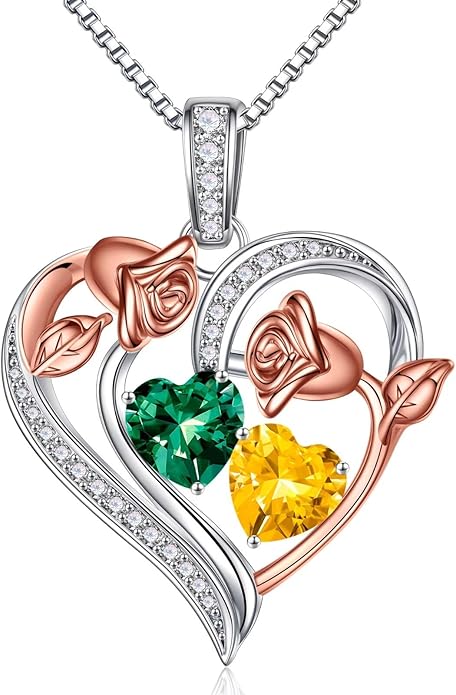 Iefil Birthstone Necklace for Women - 925 Sterling Silver Rose Heart Necklace, Birthstone Jewelry, Anniversary Birthday Gifts for Wife Girlfriend Mom Daughter