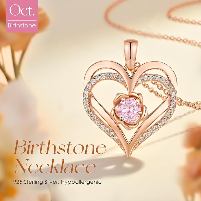 CDE S925 Silver Rose Gold Heart Birthstone Necklaces for Women，Ideal Anniversary or Birthday Jewelry Gifts for Wife Girlfriend Her