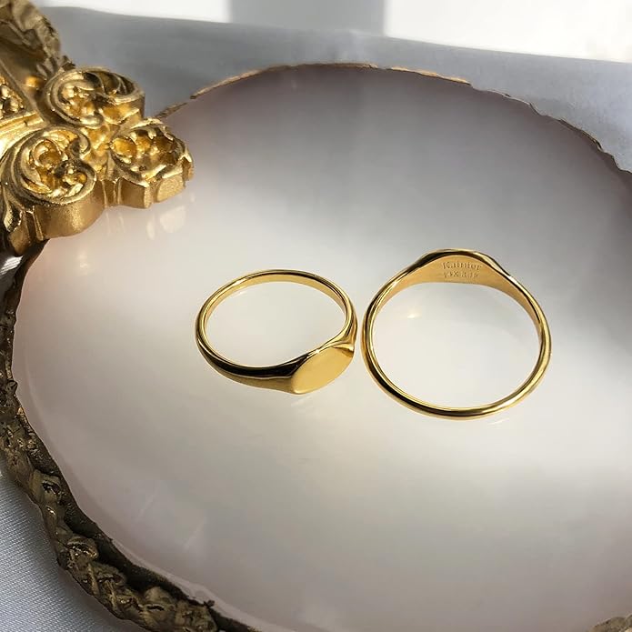 Kainier 14K Gold Plated Signet Rings Stackable Plain Slim Oval-shaped Thin Pinky Band for Women - 1.5mm Classic Dainty Cute Stacking Ring with Comfort Fit - Sizes 5-10