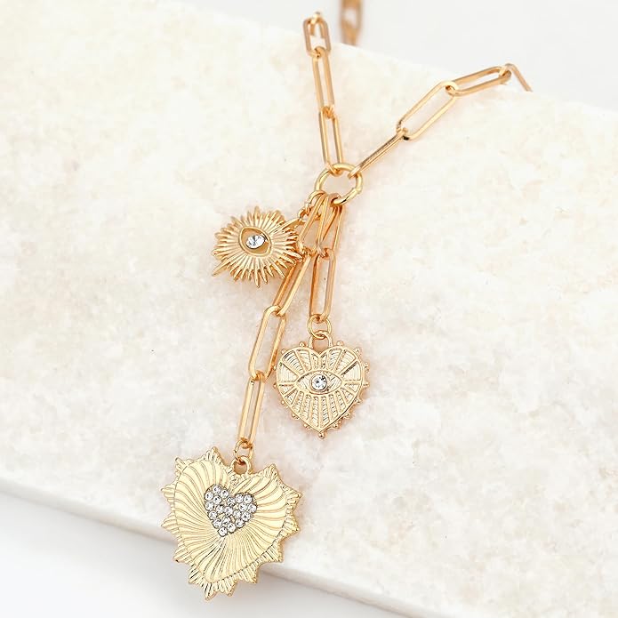 Charm Necklace for Women Gold Evil Eye Sun Moon Flower Coin Pendant Necklace Dainty Paperclip Chain Vintage Luck Amulet Choker Necklaces Celestial Jewelry Gift