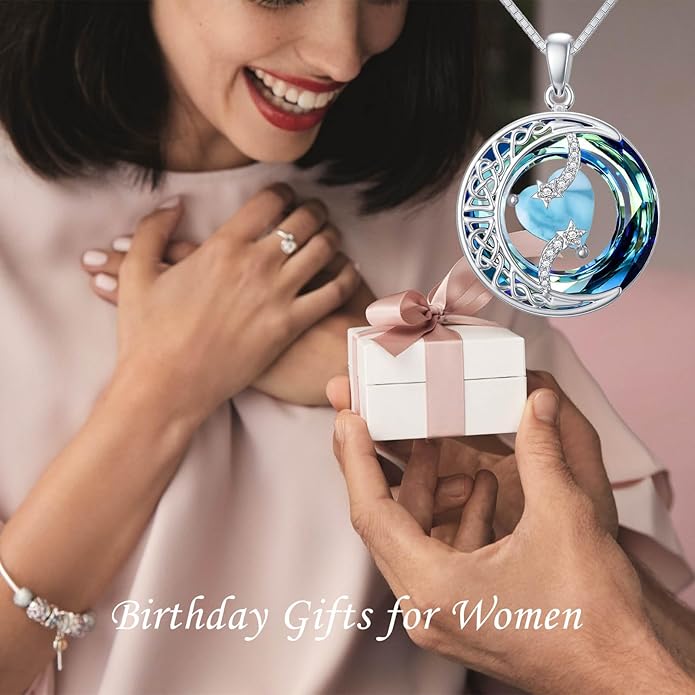 TOUPOP Birthstone Necklace 925 Sterling Silver Moon and Star Pendant with Blue Crystal Celtic Moon Jewelry Birthday Christmas Gifts for Women Mom Wife Her Daughter