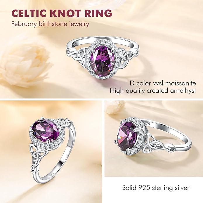 DAYBYDAY Celtic Birthstone Rings for Women 925 Sterling Silver Heart/Round/Pear/Oval Created Gemstone Moissanite Halo Engagement Promise Rings for Her Wife Birthday Anniversary Wedding Jewelry