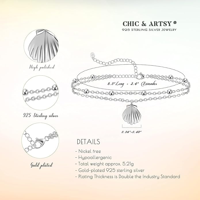 CHIC & ARTSY Womens Sterling Silver Created Opal Layered Anklet Bracelet Dainty Beaded Chain Adjustable 11" Best Friend Anklet