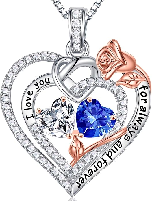 Iefil Rose Heart Necklace Gifts for Wife Women - 925 Sterling Silver Double Birthstone Necklace, Anniversary Birthday Gifts for Women, Jewelry Gift for Wife Girlfriend Mom Her