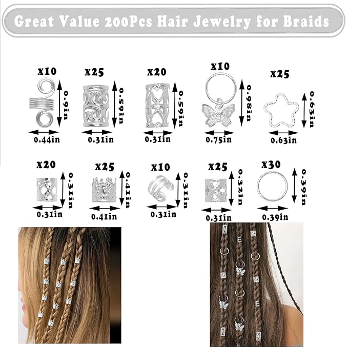 200 Pcs Hair Jewelry for Braids Accessories Loc Jewelry for Hair Dreadlock, Sliver Adjustable Cuffs Braiding Hair Rings Decoration