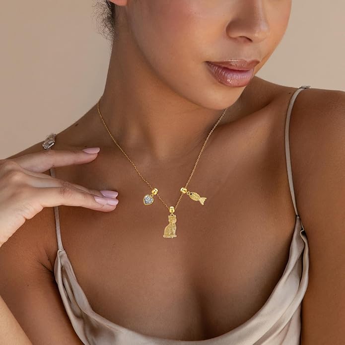 Summer Holiday Necklace,Dainty Chain, Charm Necklace For Women,Cute Cat Charm,Natural Pearls,18k Gold Plated,Choose Your Favorite Charm, Change Easily