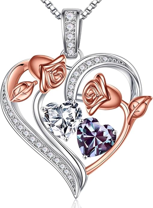 Iefil Birthstone Necklace for Women - 925 Sterling Silver Rose Heart Necklace, Birthstone Jewelry, Anniversary Birthday Gifts for Wife Girlfriend Mom Daughter