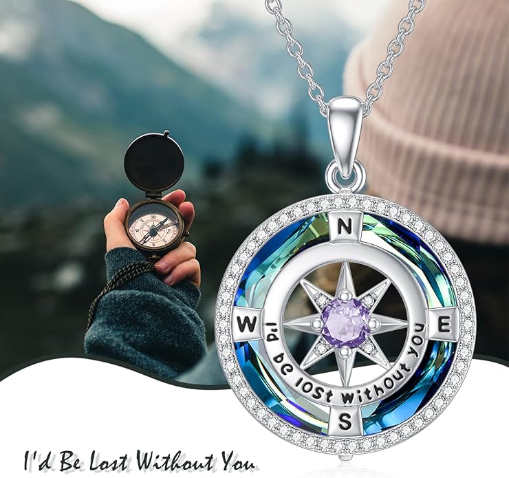 TOUPOP Compass Necklace for Women 925 Sterling Silver I'd be Lost without You Compass Pendant Birthstone Necklaces Anniversary Jewelry Birthday Gift for Girlfriend Wife Graduation Gifts for Her Daugthter