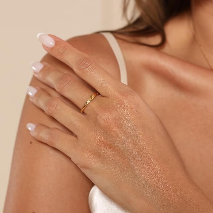 NOKMIT 1.5mm 14K Gold Filled Slim Signet Rings Thin Croissant Pinky Ring for Women Girls Dainty Gold Twisted Stacking Statement Flat Ribbed Plain Band Comfort Fit Size 4 to 10