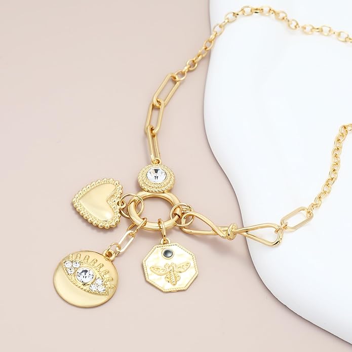 Charm Necklace for Women Gold Evil Eye Sun Moon Flower Coin Pendant Necklace Dainty Paperclip Chain Vintage Luck Amulet Choker Necklaces Celestial Jewelry Gift