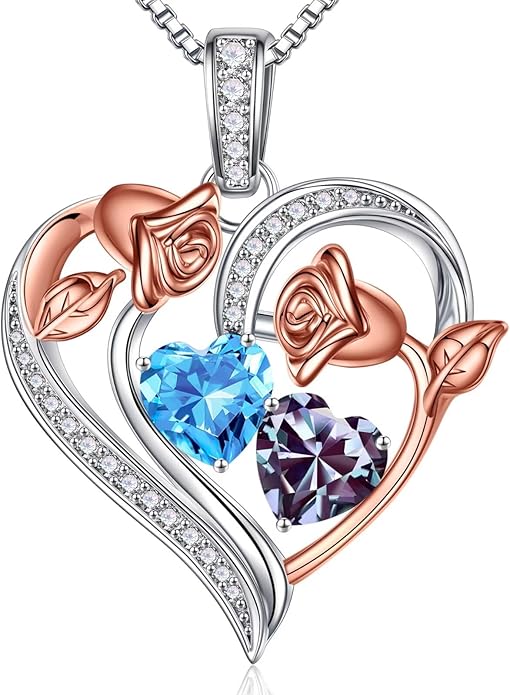 Iefil Birthstone Necklace for Women - 925 Sterling Silver Rose Heart Necklace, Birthstone Jewelry, Anniversary Birthday Gifts for Wife Girlfriend Mom Daughter